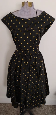 Vtg 1980'S does 1950's DRESS Cocktail Evening Black Gold Polka Dot Retro 6/9 - Image 1 of 4