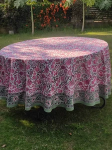 Hand Block Print Round Tablecloth 8-Seater with Border – Sheeting Fabric - Picture 1 of 9