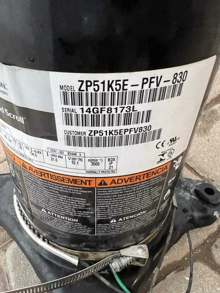 COPELAND SCROLL COMPRESSOR model  ZP51K5E - PFV - 830 year 2014 - 220v single ph - Image 1 of 4