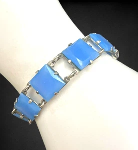 Vintage blau Opal tschechisches Glas Armband hinten offen quadratisch silberfarben Glieder - Bild 1 von 10