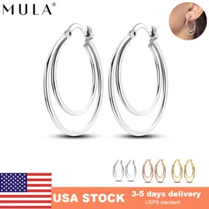 MULA 925 Sterling Silver Big Double Circles Hoop Earrings For Gift Women Jewelry - Picture 1 of 29