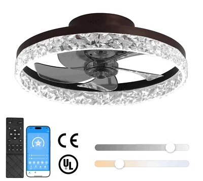 Kit moderno de luz de ventilador de teto de montagem embutida marrom 20" com controle remoto APP regulável - Imagem 1 de 4
