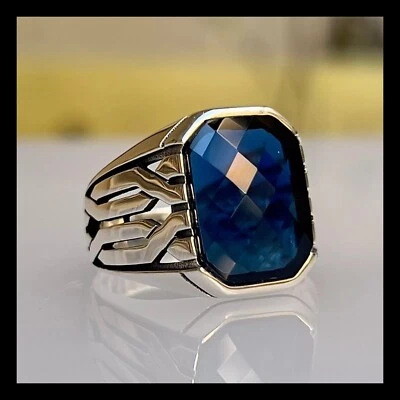 Anillo hecho a mano de plata esterlina 925 joyería turca circón azul para hombre todas las tallas #TR Foto 1 de 4