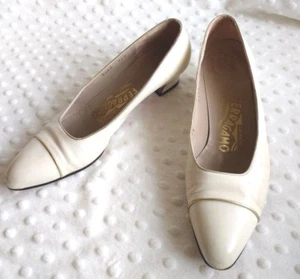 Salvatore Ferragamo Sz 6 1/2 AA Cream Cap Toe Pumps Gold Trim Classic Career - Picture 1 of 9