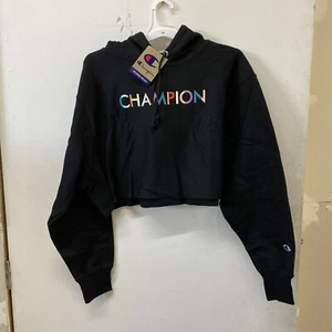NWT- Champion Reverse Weave Cropped Black Long Sleeve Pullover Hoodie - Picture 1 of 5