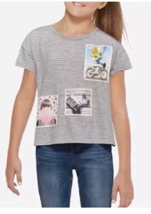 Justice Girls Shirt Sz 10 Gray Joyful Photo Patches Birthday Balloons Camera - Picture 1 of 6