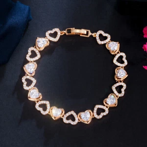 Women Lovely Gold Plated Cubic Zirconia Colorful Heart Bracelet Wedding Jewelry - Picture 1 of 14