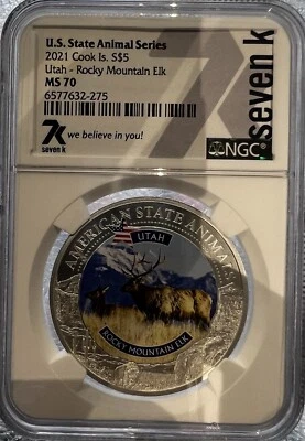 2021 Cook Is. S$5 Utah - Rocky Mountain Elk MS 70 Loc 15* - Image 1 of 3