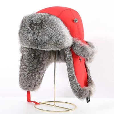 Men Winter Genuine Rabbit Fur Trapper Hats Russian Ushanka Warm Earflap Ski Caps - Image 1 of 4