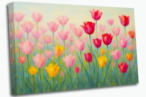 Feld der Tulpen in Blüte - Bunter Frühling Blumen Leinwandbild Wandbild Bild - Bild 1 von 8