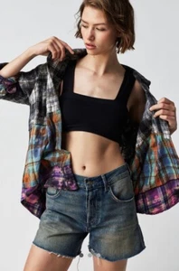 Free People One Teaspoon Mixed Flannel Shirt Distressing Plaid Black Blue S NWT - Picture 1 of 5