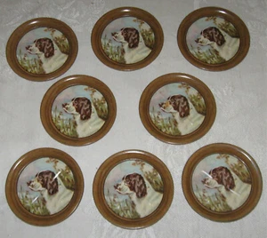 Lot of 8 Hunting Dog Metal Tin Litho Coasters, Spaniels, 3 1/2" - Picture 1 of 6