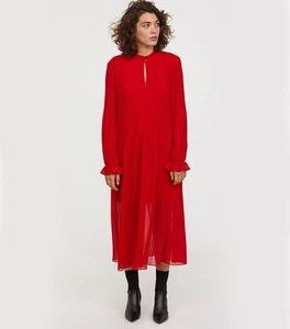 H&M Bright Red Pleated Chiffon Maxi Dress Long Sleeved Ruffled Modest Size 6 - Picture 1 of 12