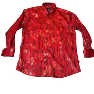 Barabas Mens Red Metallic Gold Black Abstract Print Button Up Dress Shirt XL - Picture 1 of 6
