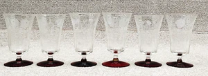 6 VINTAGE WESTON CRYSTAL ETCHED RUBY RED BASE CORDIAL WINE GLASSES - Picture 1 of 14