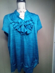 Soulmates Blouse 3X Short Sleeve Ruffle V-Neck Blue Black - Picture 1 of 15