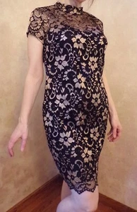 Black & Gold Lace Short Party Shift Dress Cap Sleeve Cut-Out Back, XL NEW W/TAG - Picture 1 of 10