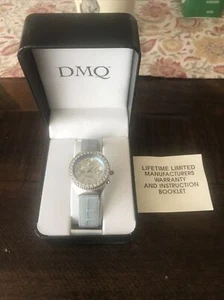 NEW DMQ Crystal Chronograph Womens Watch Light Blue Leather Band - Picture 1 of 5
