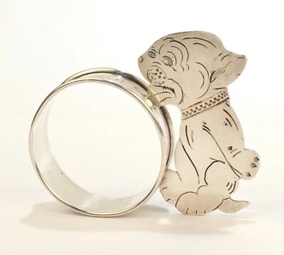 Anillo servilletero figurativo de plata esterlina 1933 vintage con un bebé tigre o león - SL Foto 1 de 4