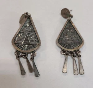 Vintage Taxco Mexico Mexican Sterling Silver Dangling Earrings Aztec Mayan - Picture 1 of 3