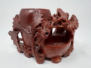 Vintage Red Soapstone Double Vase Hand Carved & Etched Foliage - Picture 1 of 11