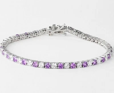 美丽紫水晶和钻石网球手链 925 纯银女式珠宝首饰 — 第 1/4 张图片