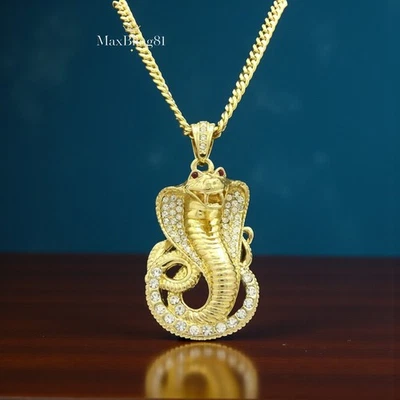 Colgante Cobra Serpiente Chapado en Oro/Plata Circonita cúbica y Collar Hip Hop Cadena Cubana de 6 mm Foto 1 de 4