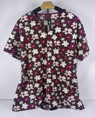 Blusa Médica Dickies Para Mujer XL Marrón Retro Estampado Floral Enfermería Foto 1 de 4
