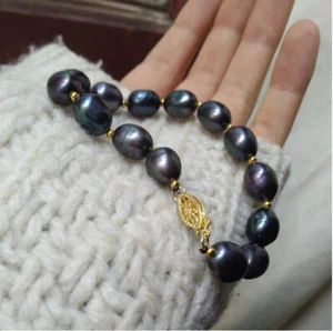 PULSERA DE PERLAS NEGRAS TAHITIANAS ORIGINALES NATURALES AAA+ 8-10 MM ORO 14K P - Imagen 1 de 7