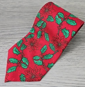 Vtg Hallmark Yule Tie Greetings Men's Red w/ Mistletoe & Poinsetta Polyester Tie - Picture 1 of 6