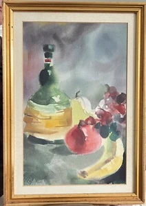 Watercolor Painting Still Life Signed Fruits Wine Realism Framed Vintage 11"x17" - Picture 1 of 8