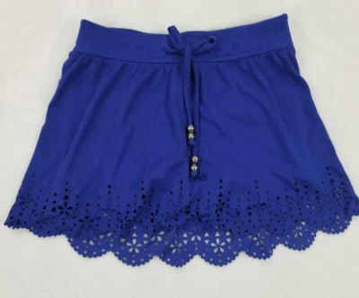Justice Skort Girls 6 Lace Eyelet Cutout Blue Soft Velvet Skirt Shorts Pull On - Image 1 of 4