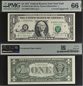 1977 $1 Federal Reserve Note - PMG 66EPQ - Dual Autograph - Morton / Blumenthal - Picture 1 of 3