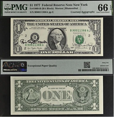1977 $1 Federal Reserve Note - PMG 66EPQ - Dual Autograph - Morton / Blumenthal - Image 1 of 3