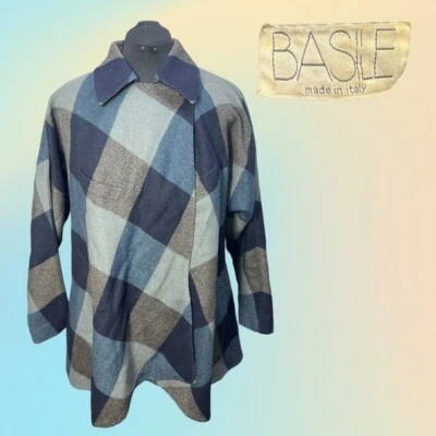 VTG 80's BASILE Blue/Gray/Brown Checked Wool Cape Jacket Made in Italy Sz 42 - Image 1 of 4