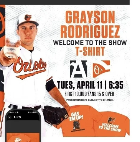 Grayson Rodriguez BALTIMORE ORIOLES Debut XL Gas Em Up T-Shirt New Cover