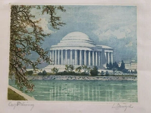 Grabado Ludwig Bürgel Mid Century en seda Jefferson Memorial Cherry Blores DC - Imagen 1 de 5
