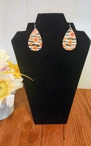 Boho Fuax Leather Black & White Sunflower Print Earrings Double Sided - Picture 1 of 3