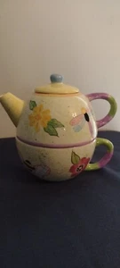 DragonFly & Bees Summertime Teapot & Cup No chips or cracks  Pastel colors - Picture 1 of 4