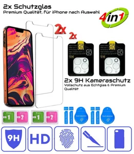2x Panzerfolie Echtglas 9H iPhone 13 12 11 XR X S Mini Pro Max+2x 9H Kamera - Bild 1 von 12