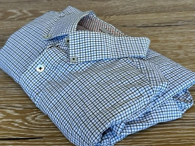 Camisa de vestir Express para hombre con botones azul claro blanco a cuadros ajustada manga larga S Foto 1 de 4