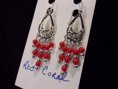 925 Natural Longl Red Coral w/ Ball Hook Chandelier Earrings - Image 1 of 4