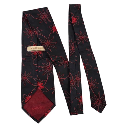 Romeo Gigli Hombre Corbata Corbata Lujo Negro Rojo Floral Seda Bordado Traje Italia Foto 1 de 4