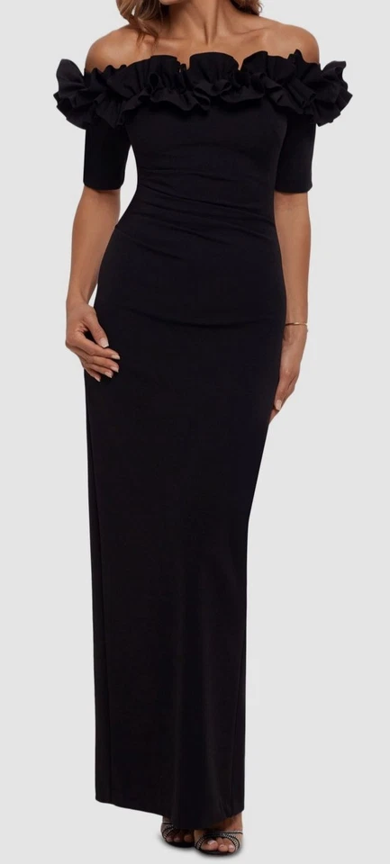 XSCAPE Women's Black Crepe Ruffled Off-Shoulder Gown Dress Size 10