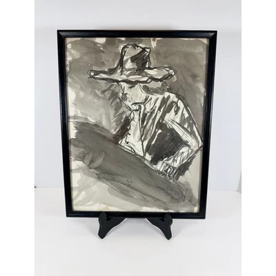 Vintage Framed Ink Wash Drawing "Mike W" 1964 Man in Hat Figure Art - Image 1 of 4