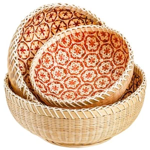Set of 3 Wicker Woven Storage Basket, Bamboo Bread Basket Round Rattan Servin... - Picture 1 of 9