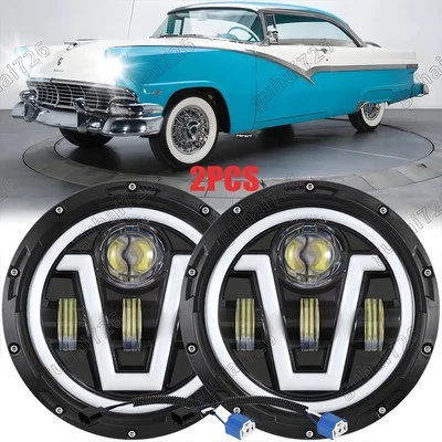 For Ford Fairlane 1955 1956 1957 2PC 130W 7inch Round LED Headlights HI/LO Bulbs - Image 1 of 4