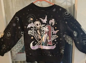 Girls Medium 7-8 Nightmare Before Christmas Sweater Jack & Sally- Glitter Cute - Picture 1 of 4