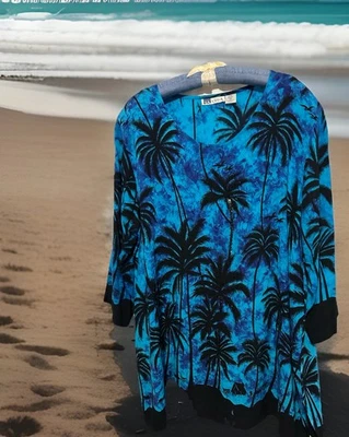 La Cera Top 2X Turquoise Black Tropical Flowy Rayon Beaded Tunic Shirt Blouse - Image 1 of 4
