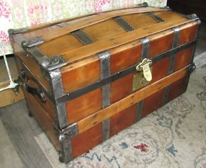 Antique Steamer trunk well made solid humpback chest restored tray & key C-1870 - Picture 1 of 18